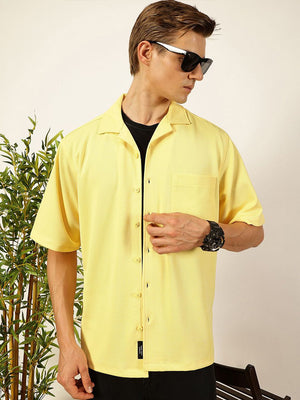 Yellow Premium Short Sleeves Regular Fit Cuban Collar Textured Cotton Twill Shirt For Men