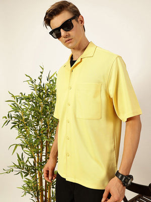 Yellow Premium Short Sleeves Regular Fit Cuban Collar Textured Cotton Twill Shirt For Men
