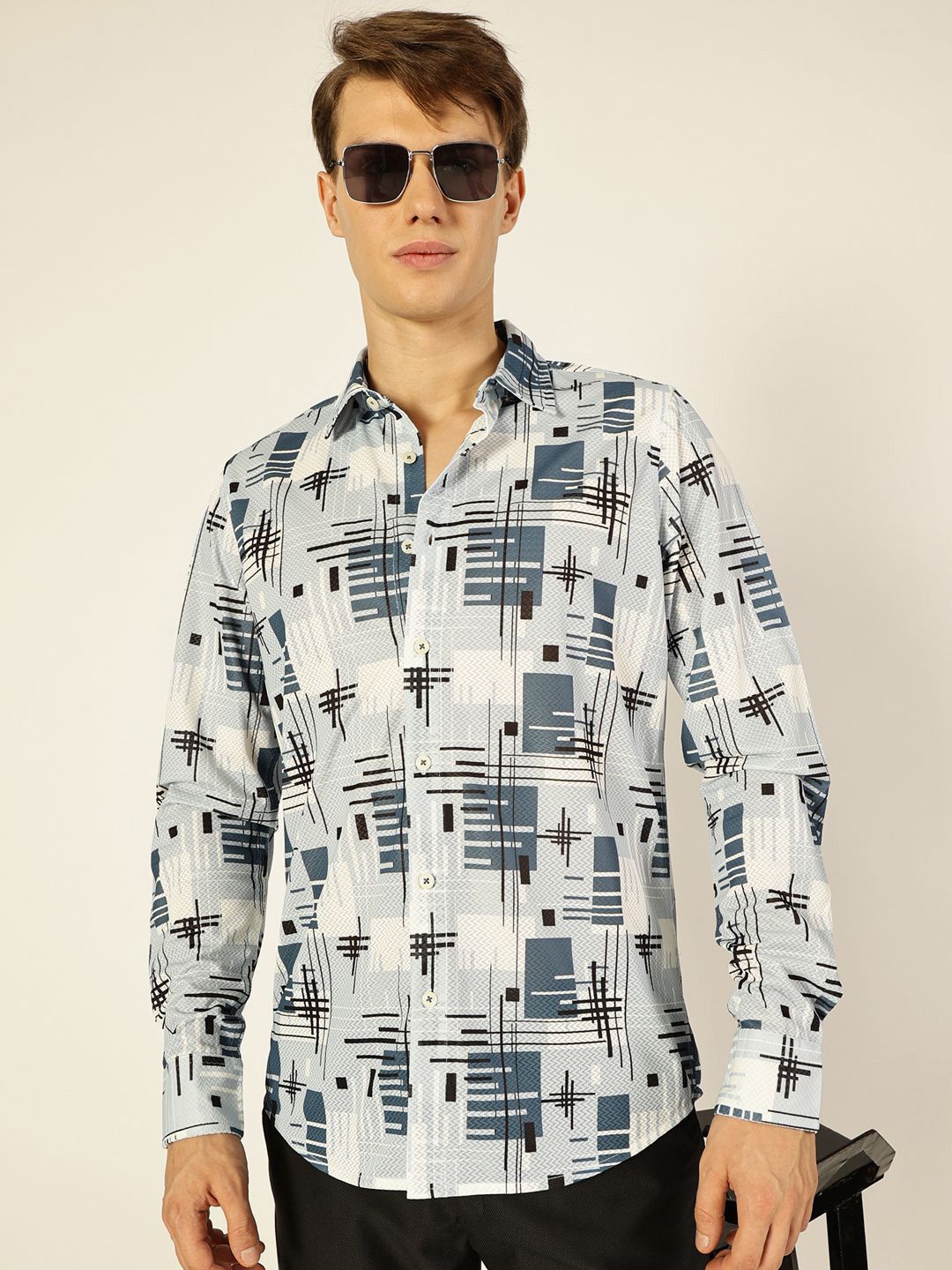 Blue Premium Graphic Printed Slim Fit Casual Shirt For Men