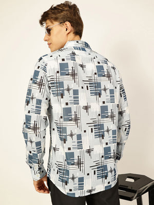 Blue Premium Graphic Printed Slim Fit Casual Shirt For Men