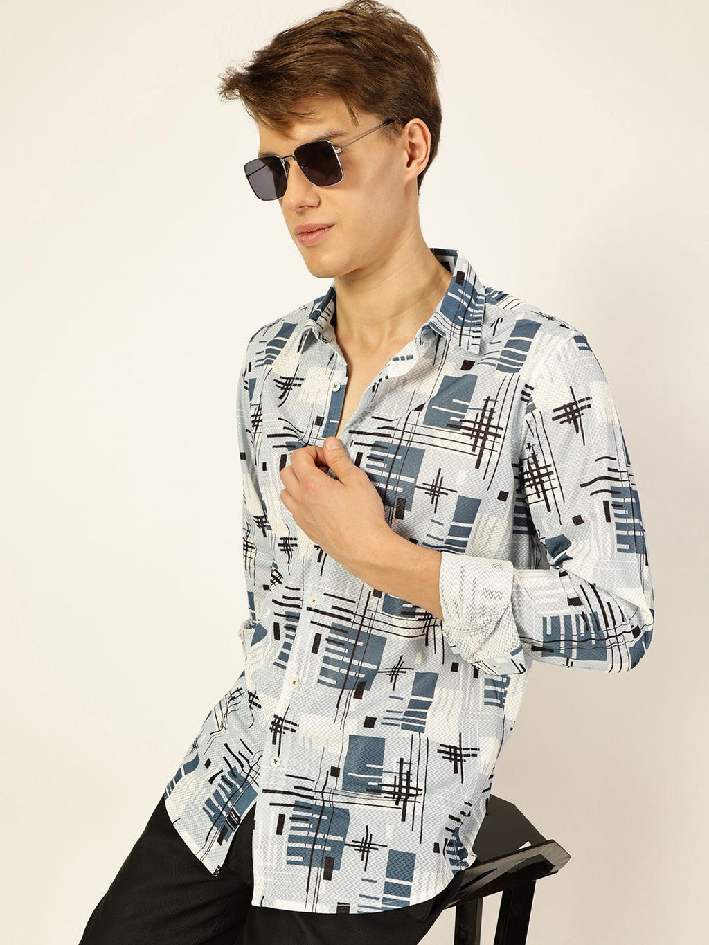 Blue Premium Graphic Printed Slim Fit Casual Shirt For Men