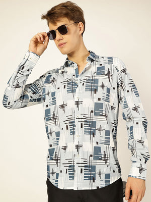 Blue Premium Graphic Printed Slim Fit Casual Shirt For Men