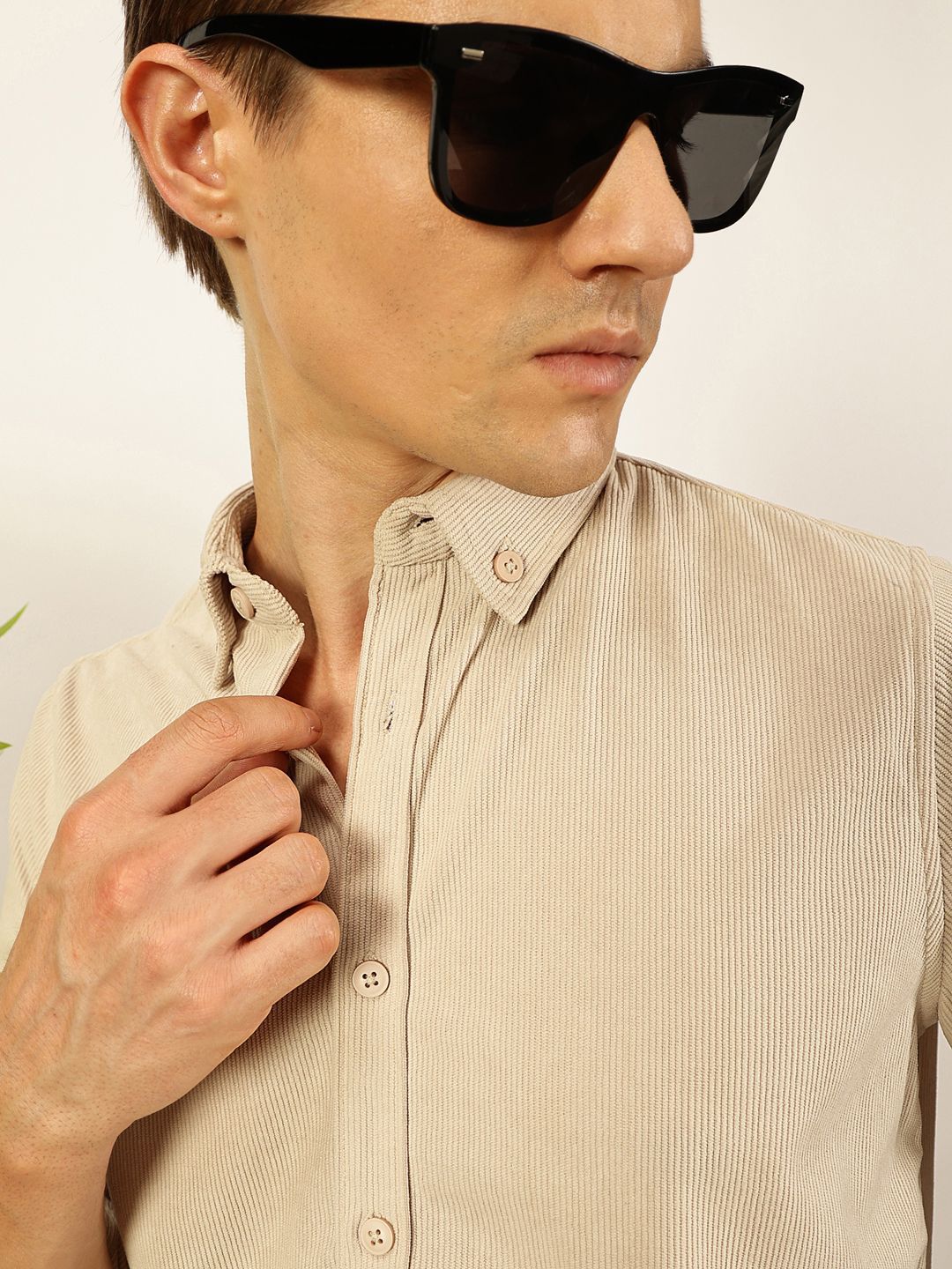 Beige Premium Slim Fit Long Sleeves Button-Down Collar Cotton Corduroy Casual Shirt For Men