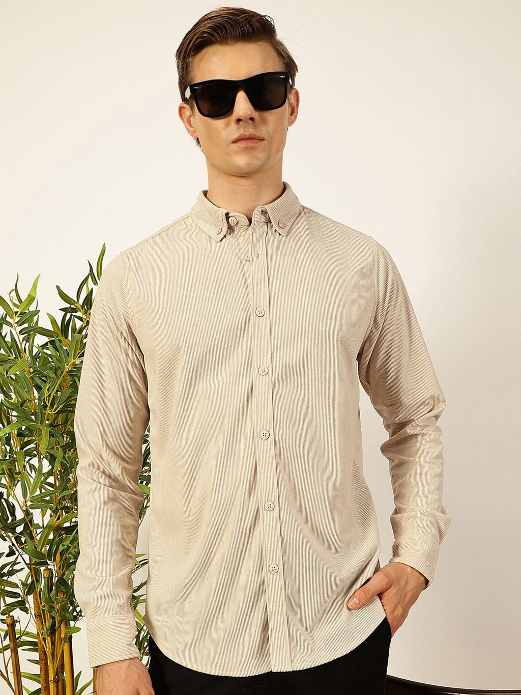 Beige Premium Slim Fit Long Sleeves Button-Down Collar Cotton Corduroy Casual Shirt For Men