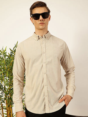 Beige Premium Slim Fit Long Sleeves Button-Down Collar Cotton Corduroy Casual Shirt For Men
