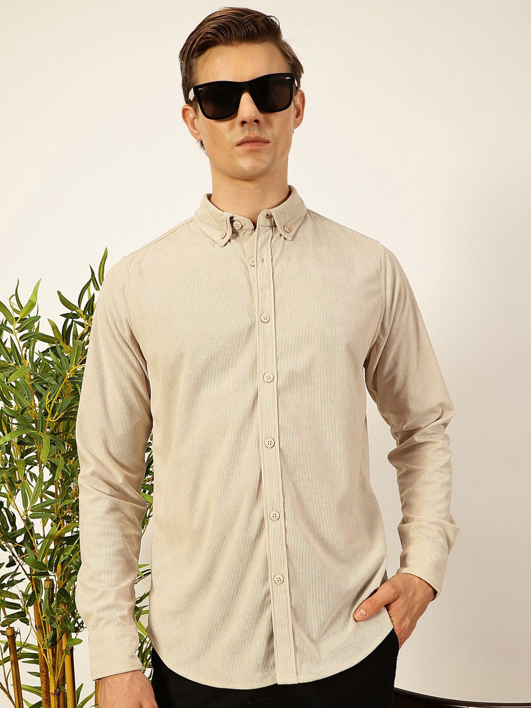Beige Premium Slim Fit Long Sleeves Button-Down Collar Cotton Corduroy Casual Shirt For Men