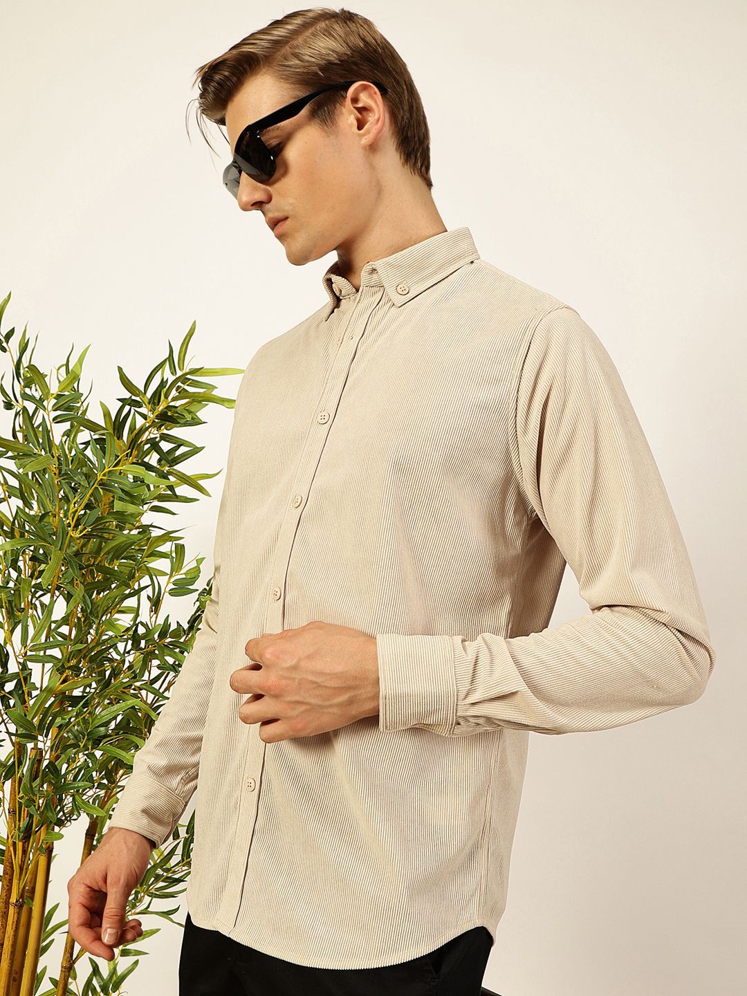 Beige Premium Slim Fit Long Sleeves Button-Down Collar Cotton Corduroy Casual Shirt For Men