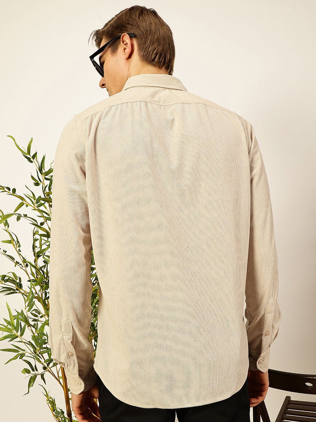 Beige Premium Slim Fit Long Sleeves Button-Down Collar Cotton Corduroy Casual Shirt For Men
