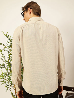 Beige Premium Slim Fit Long Sleeves Button-Down Collar Cotton Corduroy Casual Shirt For Men