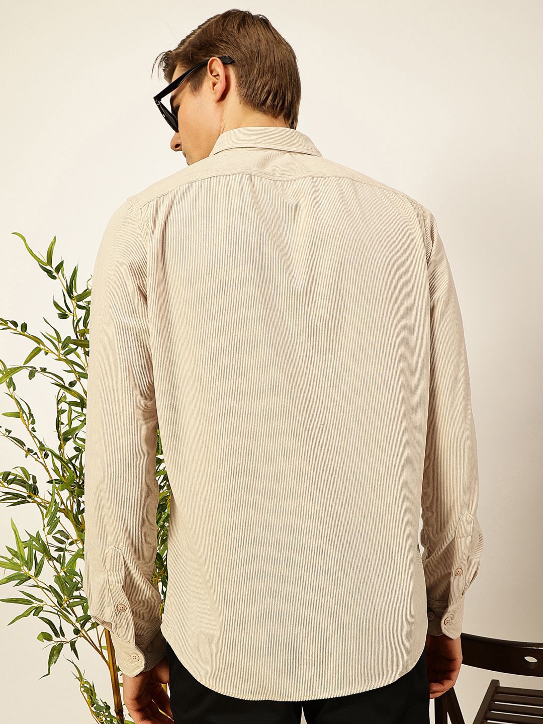Beige Premium Slim Fit Long Sleeves Button-Down Collar Cotton Corduroy Casual Shirt For Men