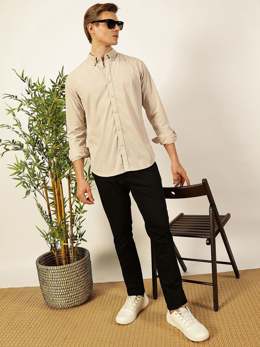 Beige Premium Slim Fit Long Sleeves Button-Down Collar Cotton Corduroy Casual Shirt For Men