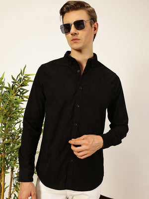 Black Premium Textured Corduroy Slim Fit Button-Down Collar Casual Shirt For Men