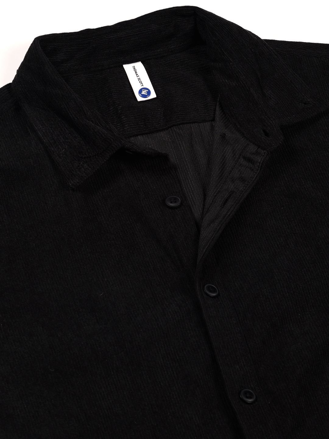 Black Premium Textured Corduroy Slim Fit Button-Down Collar Casual Shirt For Men