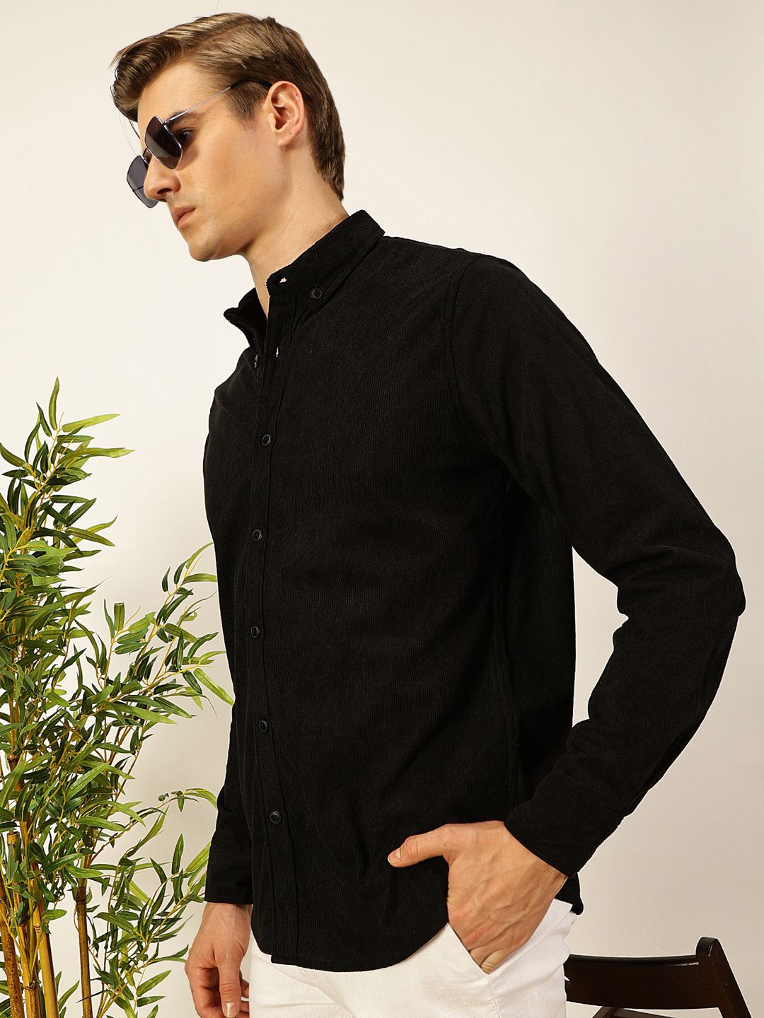 Black Premium Textured Corduroy Slim Fit Button-Down Collar Casual Shirt For Men