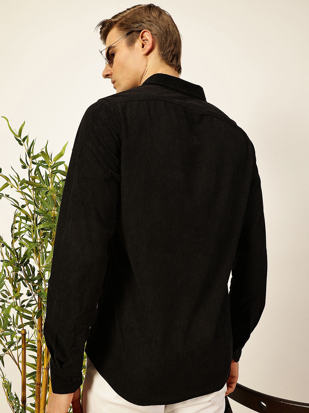Black Premium Textured Corduroy Slim Fit Button-Down Collar Casual Shirt For Men