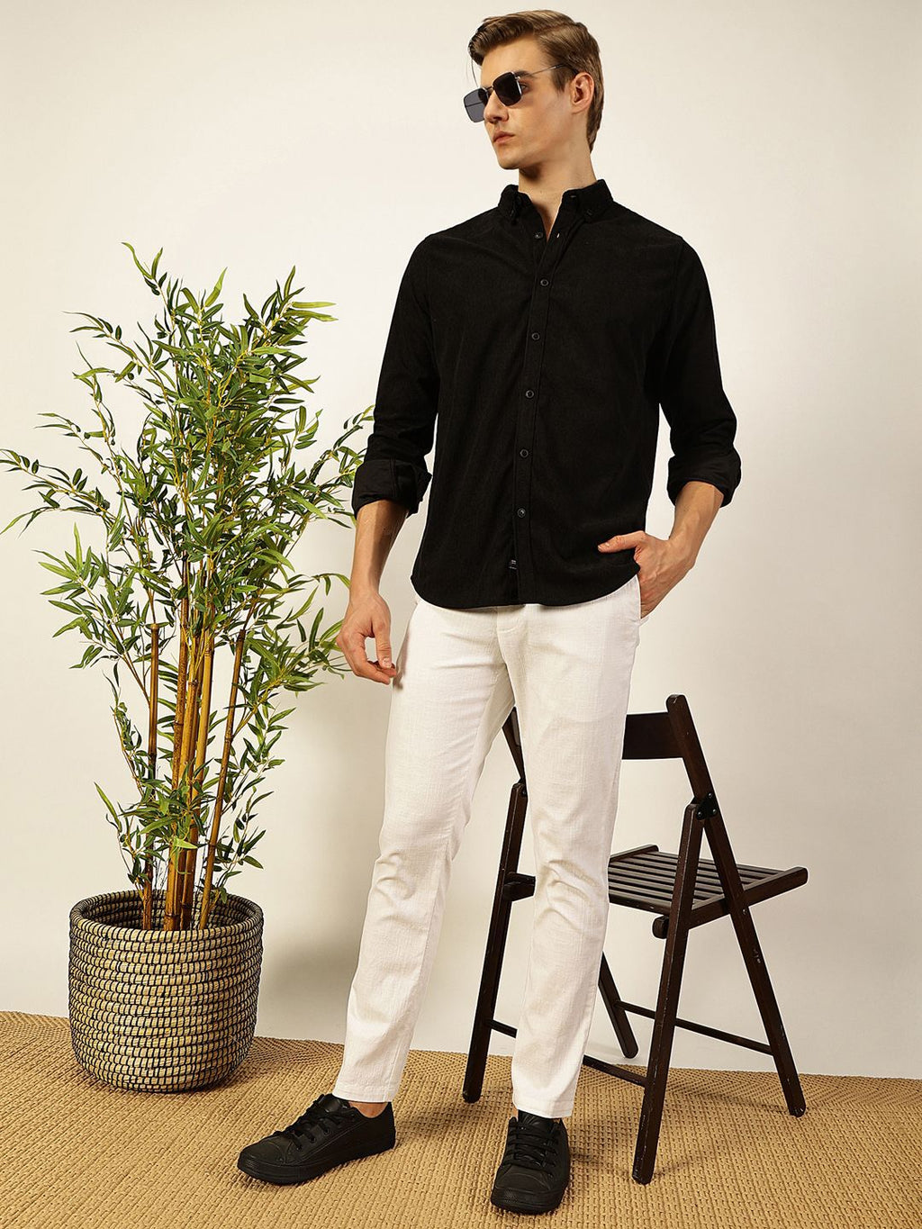 Black Premium Textured Corduroy Slim Fit Button-Down Collar Casual Shirt For Men