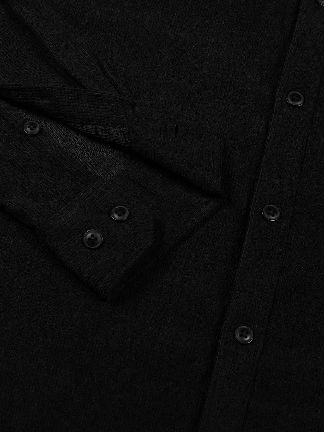 Black Premium Textured Corduroy Slim Fit Button-Down Collar Casual Shirt For Men