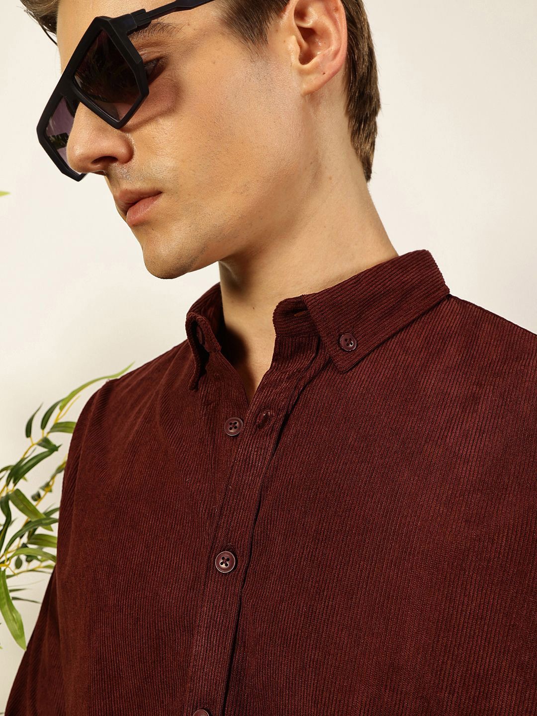 Wine Premium Textured Corduroy Slim Fit Button-Down Collar Casual Shirt For Men