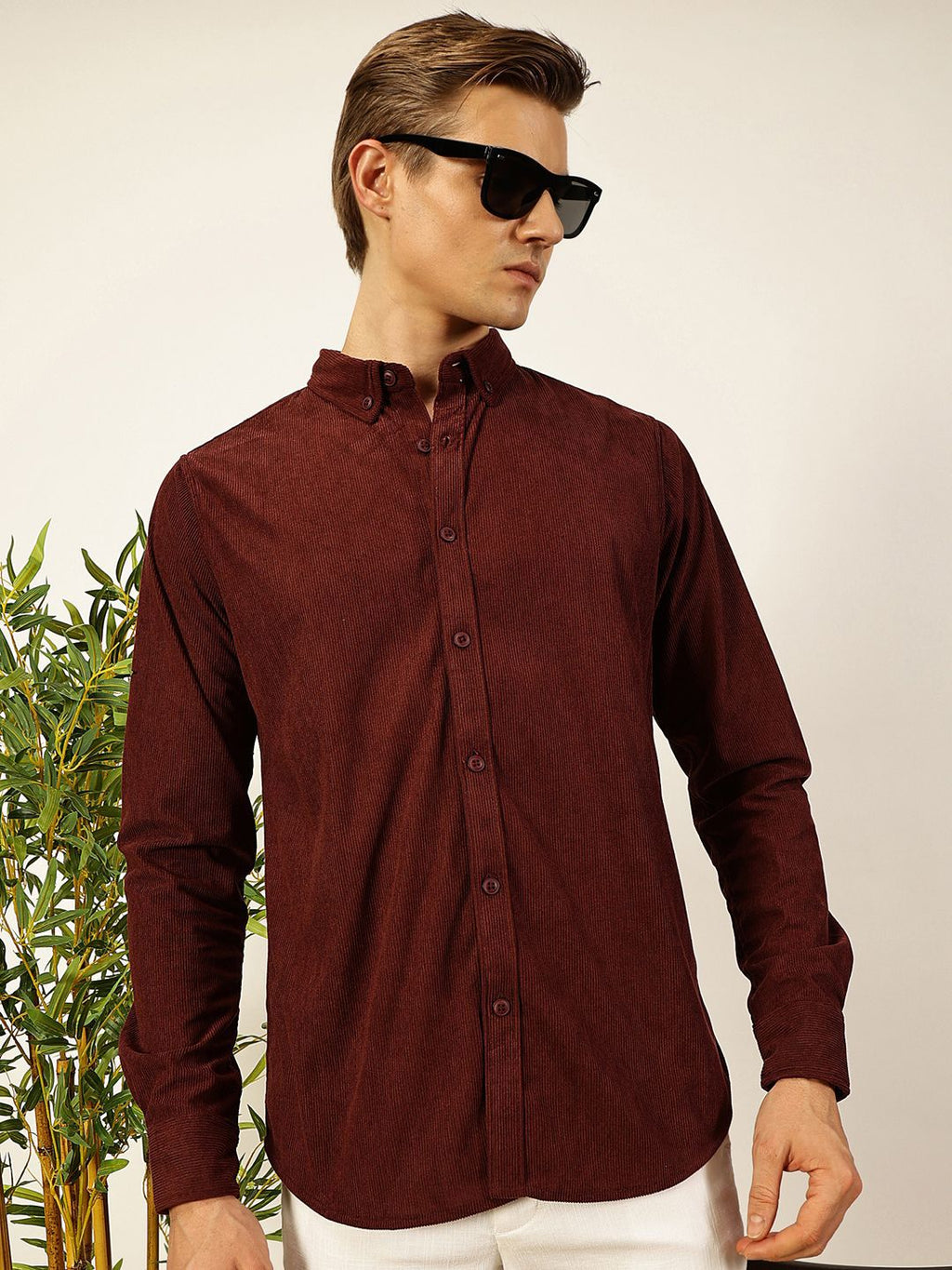 Wine Premium Textured Corduroy Slim Fit Button-Down Collar Casual Shirt For Men