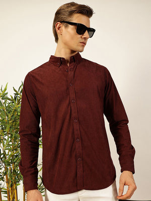 Wine Premium Textured Corduroy Slim Fit Button-Down Collar Casual Shirt For Men