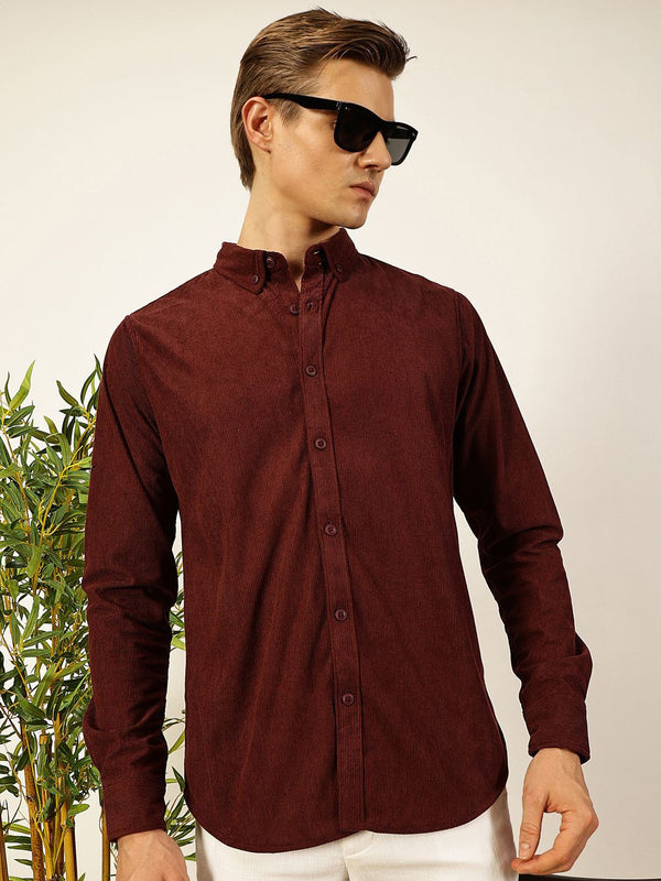 Wine Premium Textured Corduroy Slim Fit Button-Down Collar Casual Shirt For Men