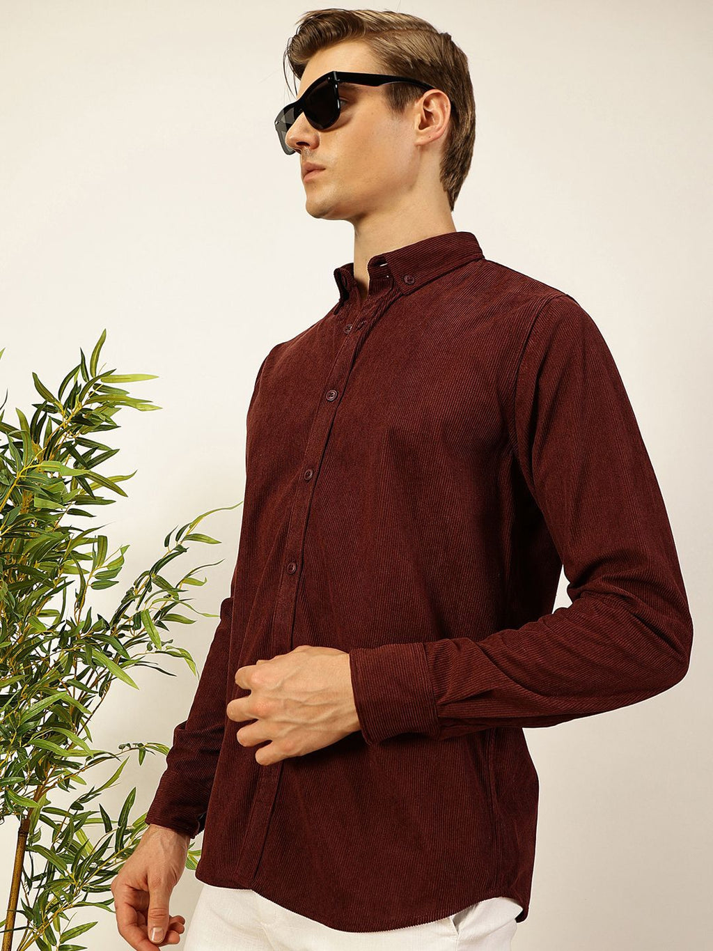 Wine Premium Textured Corduroy Slim Fit Button-Down Collar Casual Shirt For Men