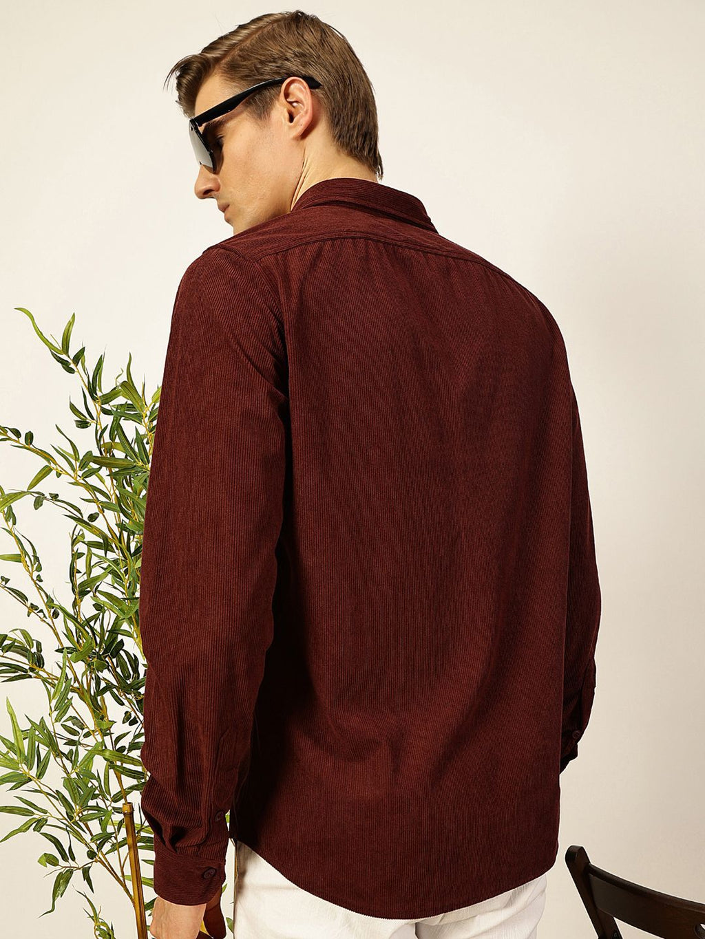 Wine Premium Textured Corduroy Slim Fit Button-Down Collar Casual Shirt For Men