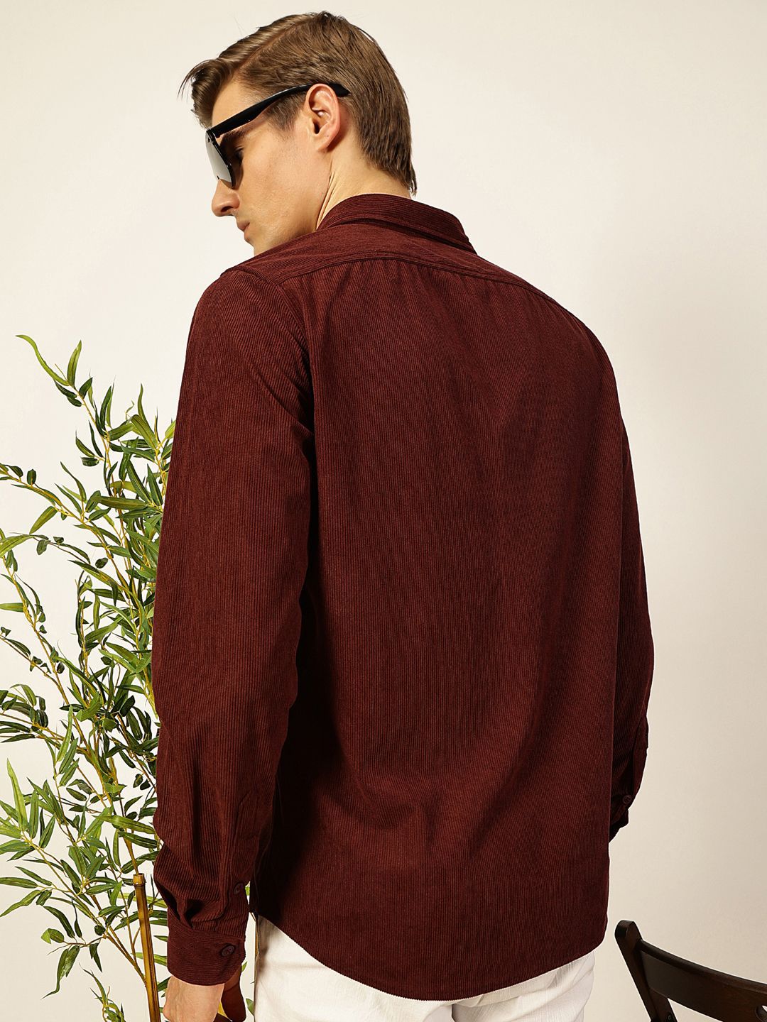 Wine Premium Textured Corduroy Slim Fit Button-Down Collar Casual Shirt For Men