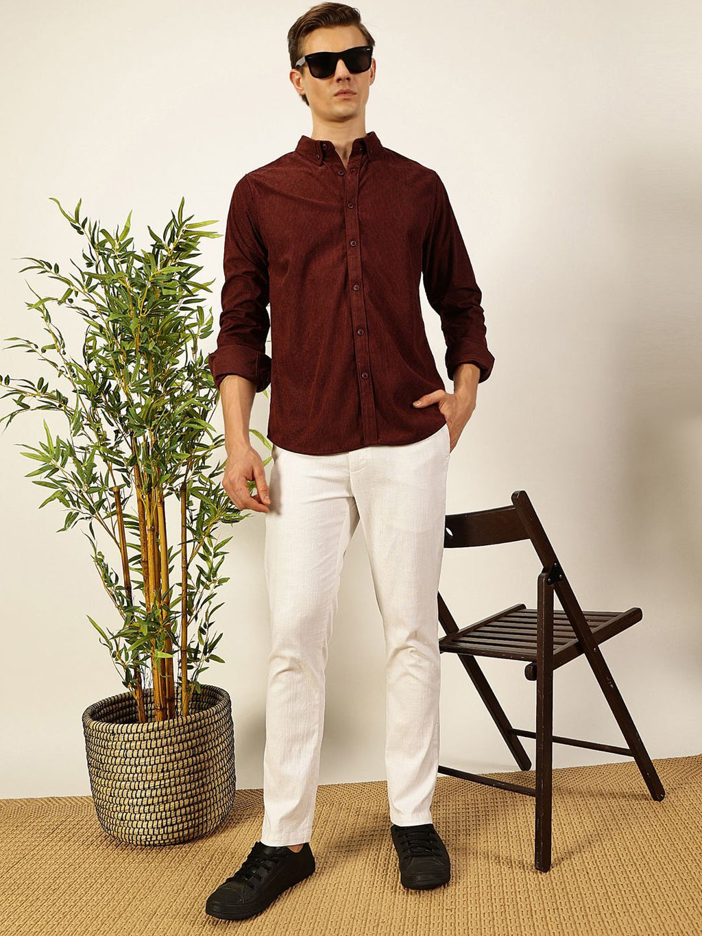 Wine Premium Textured Corduroy Slim Fit Button-Down Collar Casual Shirt For Men