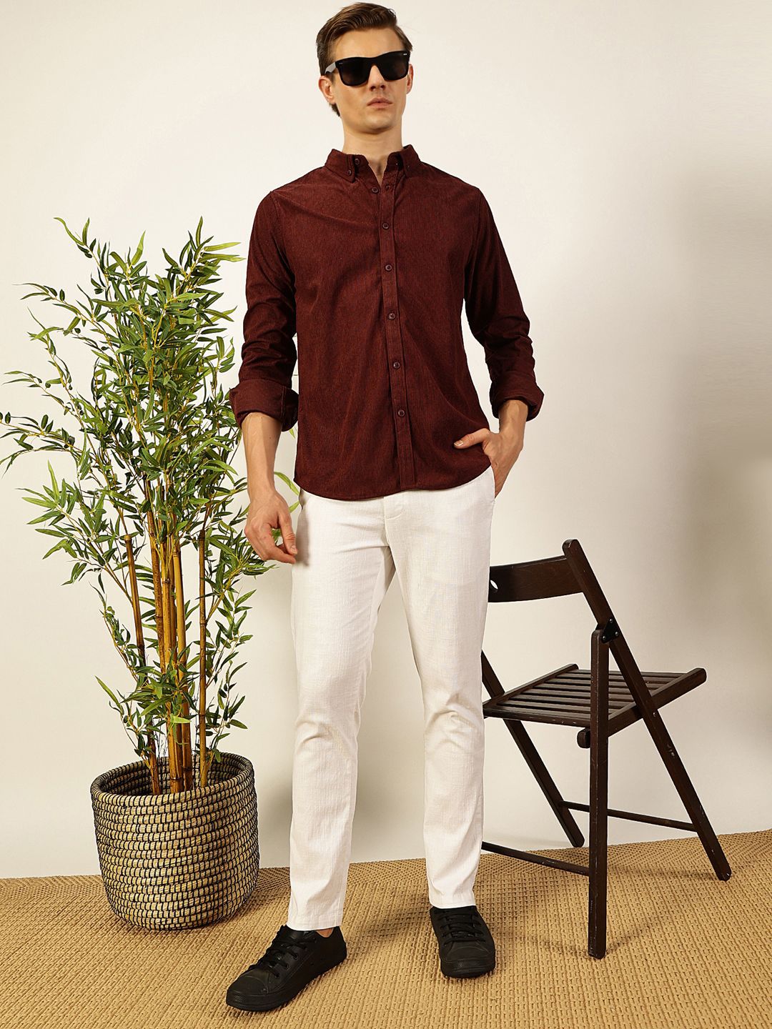 Wine Premium Textured Corduroy Slim Fit Button-Down Collar Casual Shirt For Men