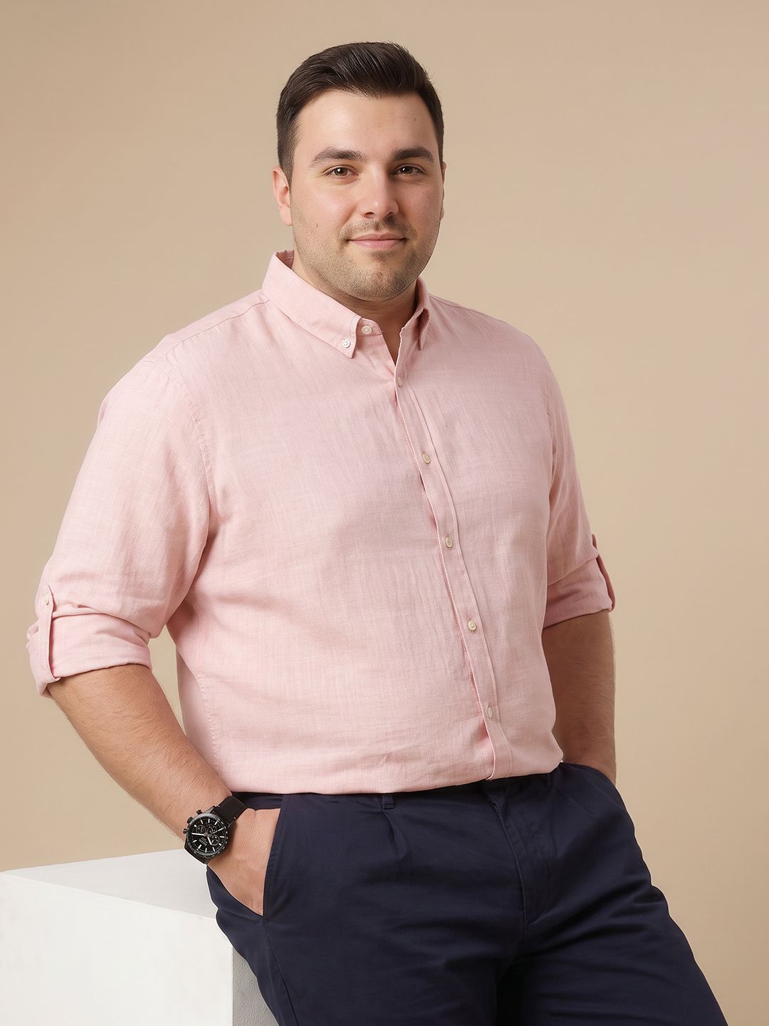 Peach Plus Size Regular Fit Roll-Up Sleeves Button-Down Collar Solid Textured Casual Shirt For Men