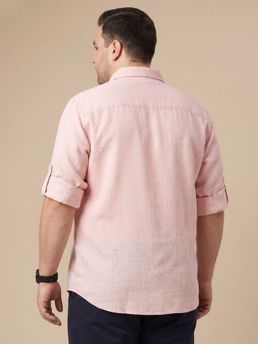 Peach Plus Size Regular Fit Roll-Up Sleeves Button-Down Collar Solid Textured Casual Shirt For Men