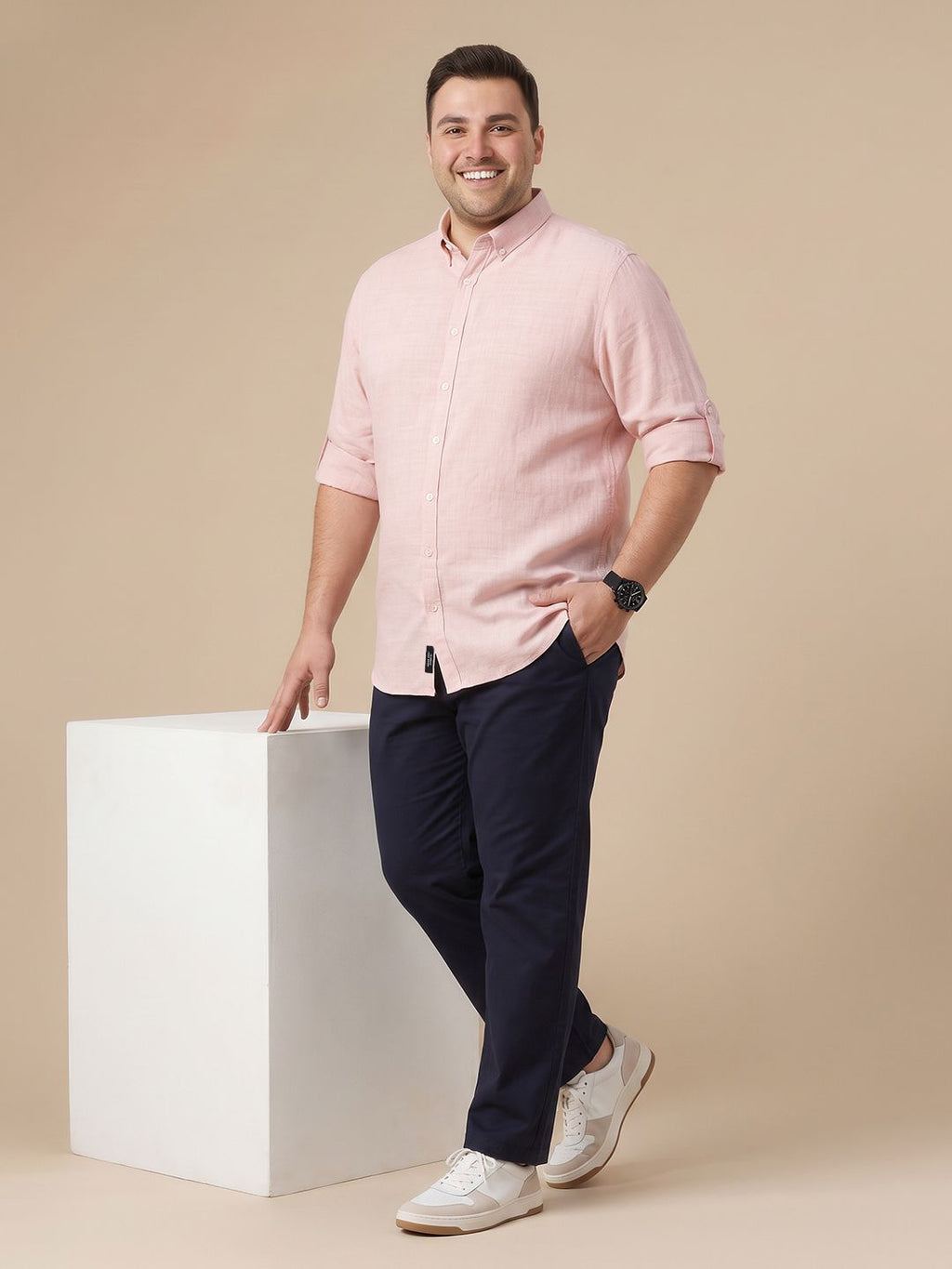 Peach Plus Size Regular Fit Roll-Up Sleeves Button-Down Collar Solid Textured Casual Shirt For Men