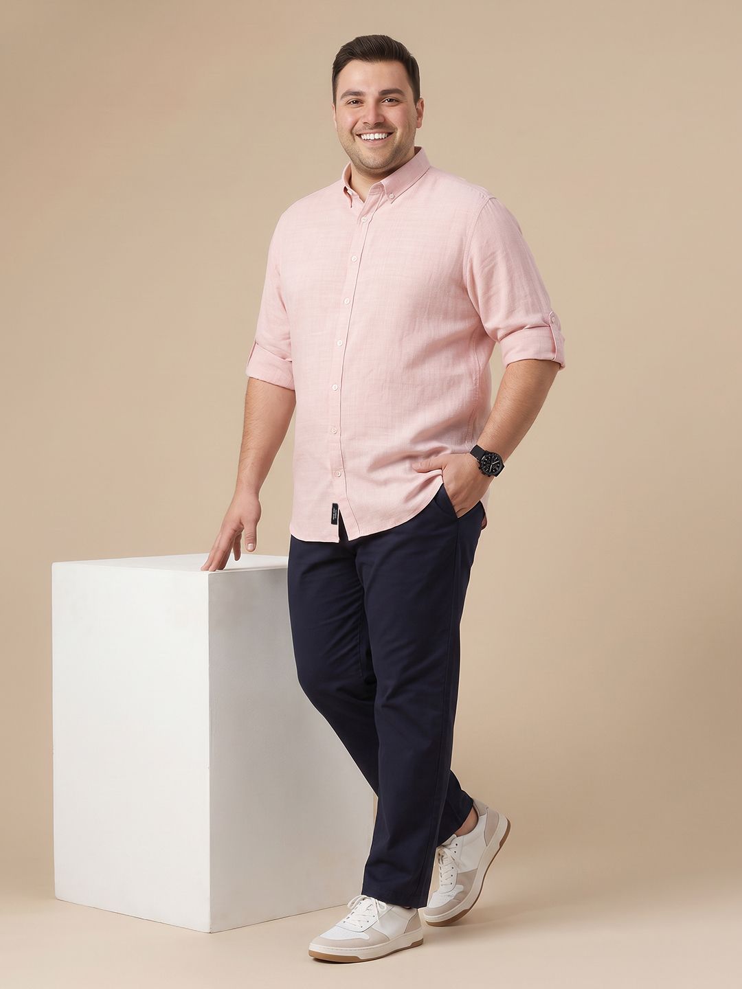Peach Plus Size Regular Fit Roll-Up Sleeves Button-Down Collar Solid Textured Casual Shirt For Men