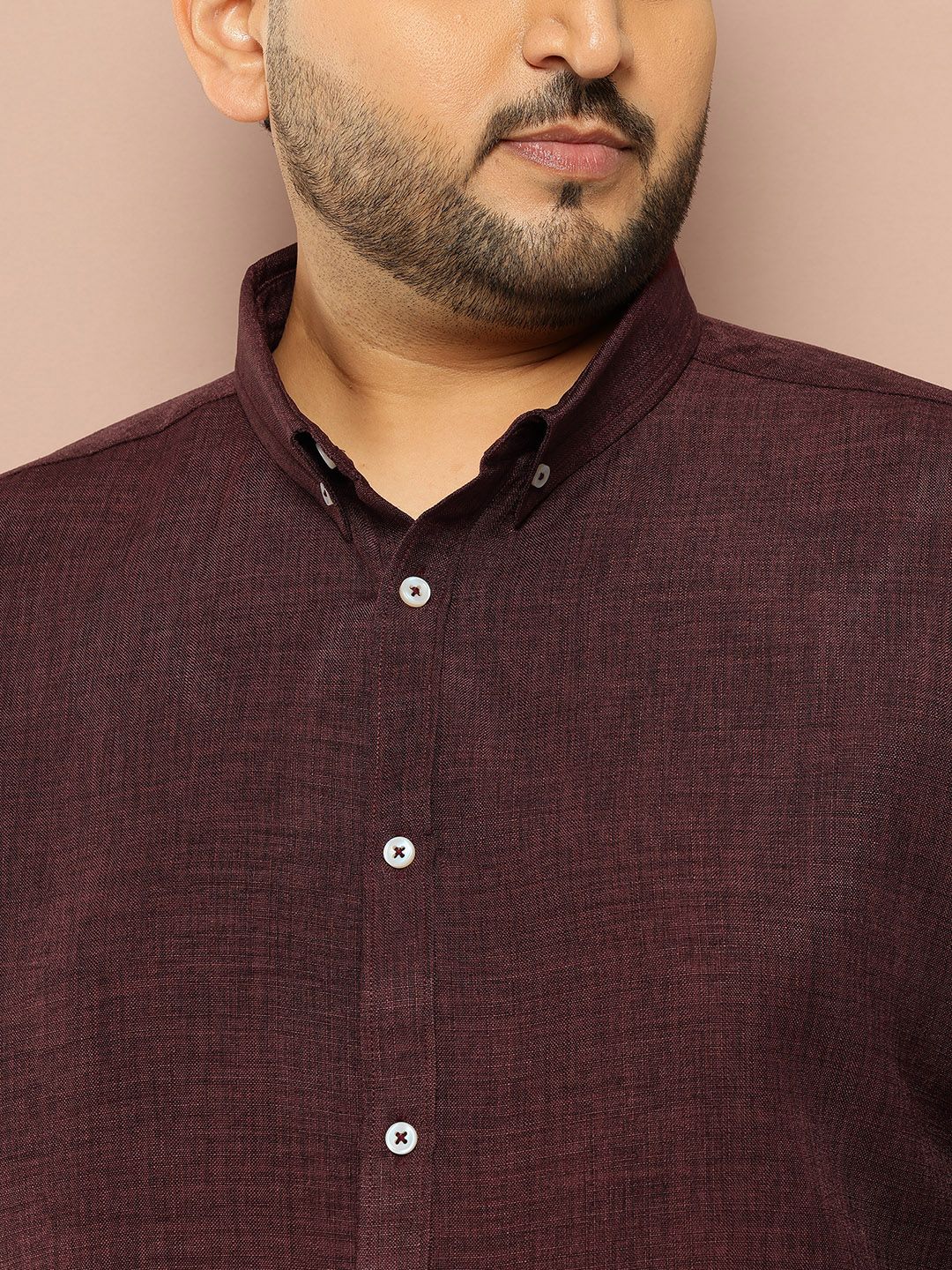 Wine Plus Size Regular Fit Roll-Up Sleeves Button-Down Collar Solid Textured Casual Shirt For Men