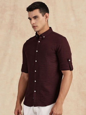 Wine Slim Fit Long Sleeves Button-Down Collar Polyester Casual Shirt For Men