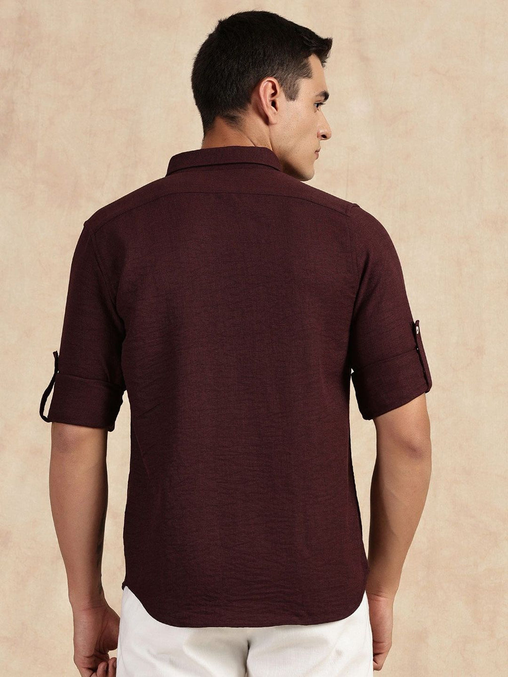 Wine Slim Fit Long Sleeves Button-Down Collar Polyester Casual Shirt For Men