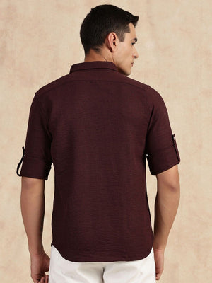 Wine Slim Fit Long Sleeves Button-Down Collar Polyester Casual Shirt For Men
