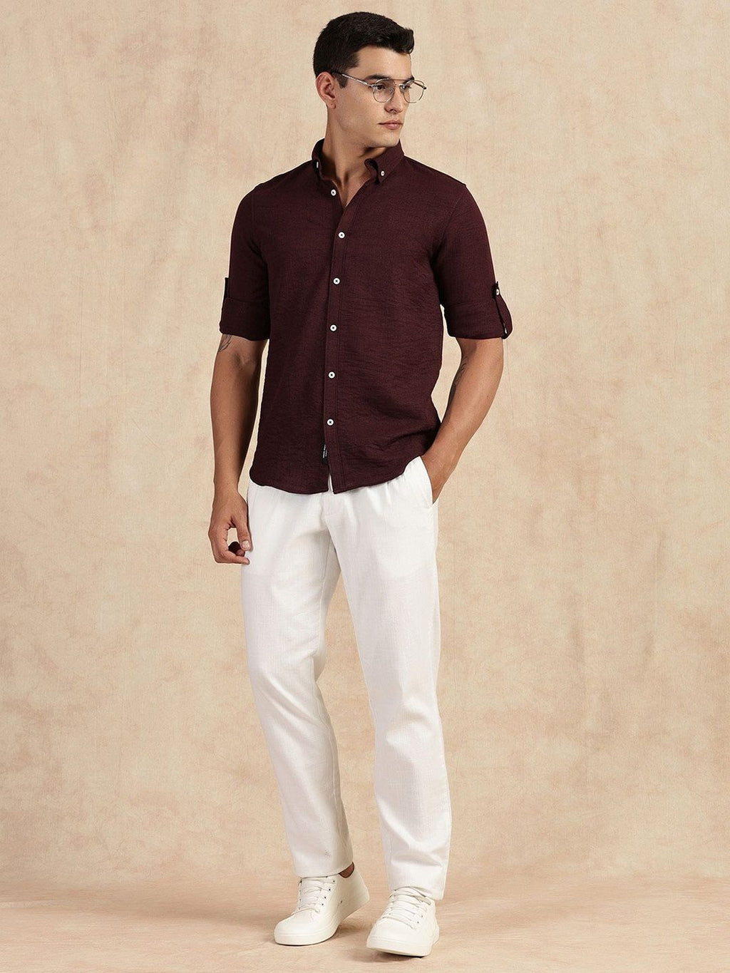 Wine Slim Fit Long Sleeves Button-Down Collar Polyester Casual Shirt For Men