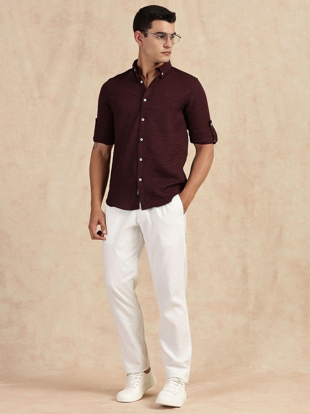 Wine Slim Fit Long Sleeves Button-Down Collar Polyester Casual Shirt For Men