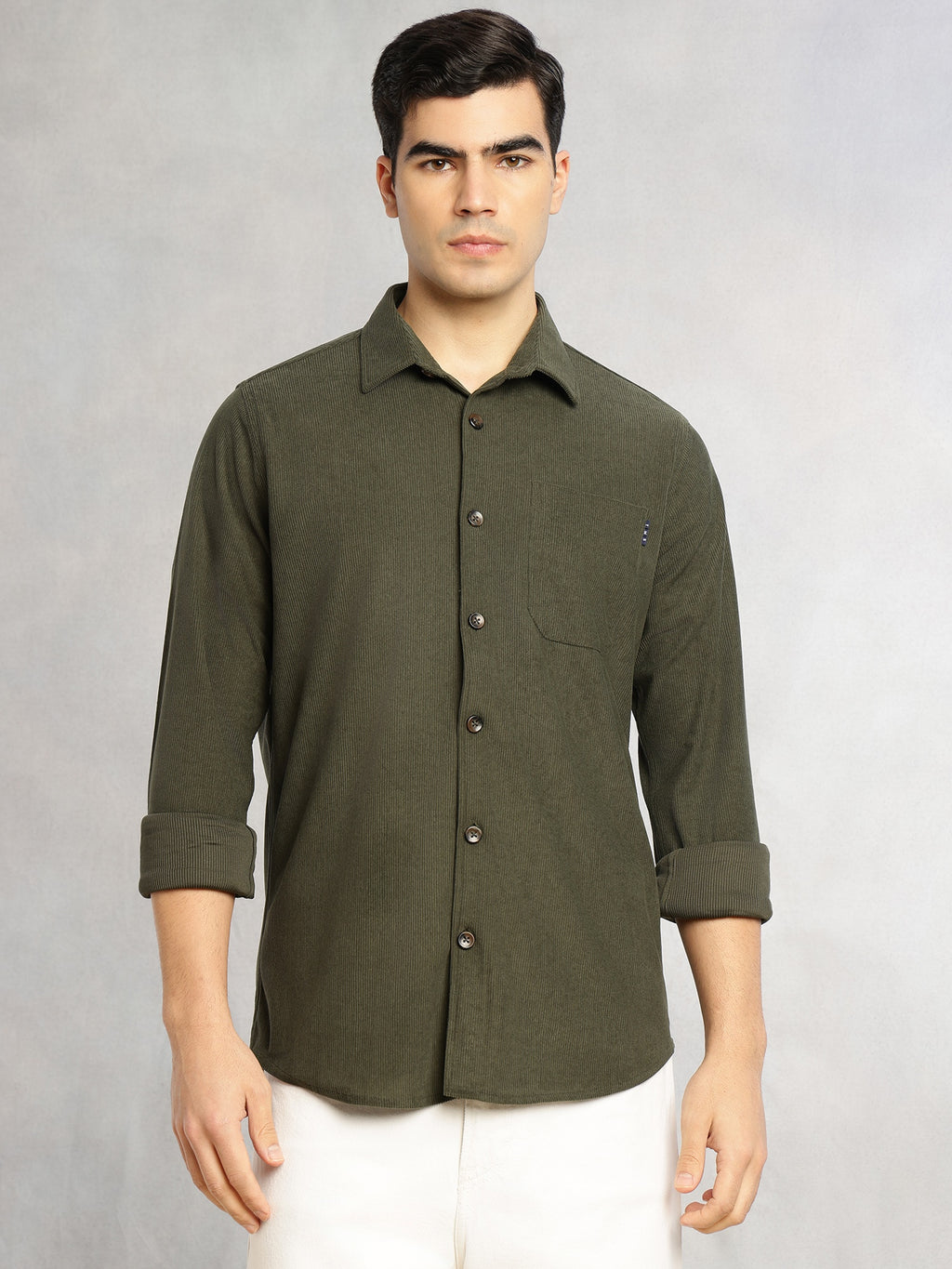 Thomas Scott Men Olive Relaxed Fit Long Sleeves Spread Collar Corduroy Casual Shirt