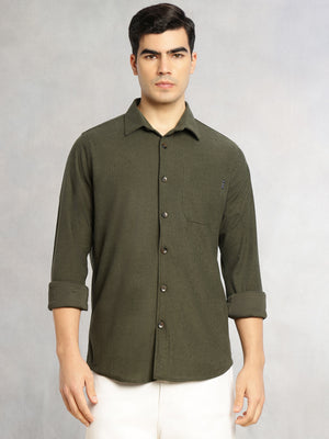 Thomas Scott Men Olive Relaxed Fit Long Sleeves Spread Collar Corduroy Casual Shirt