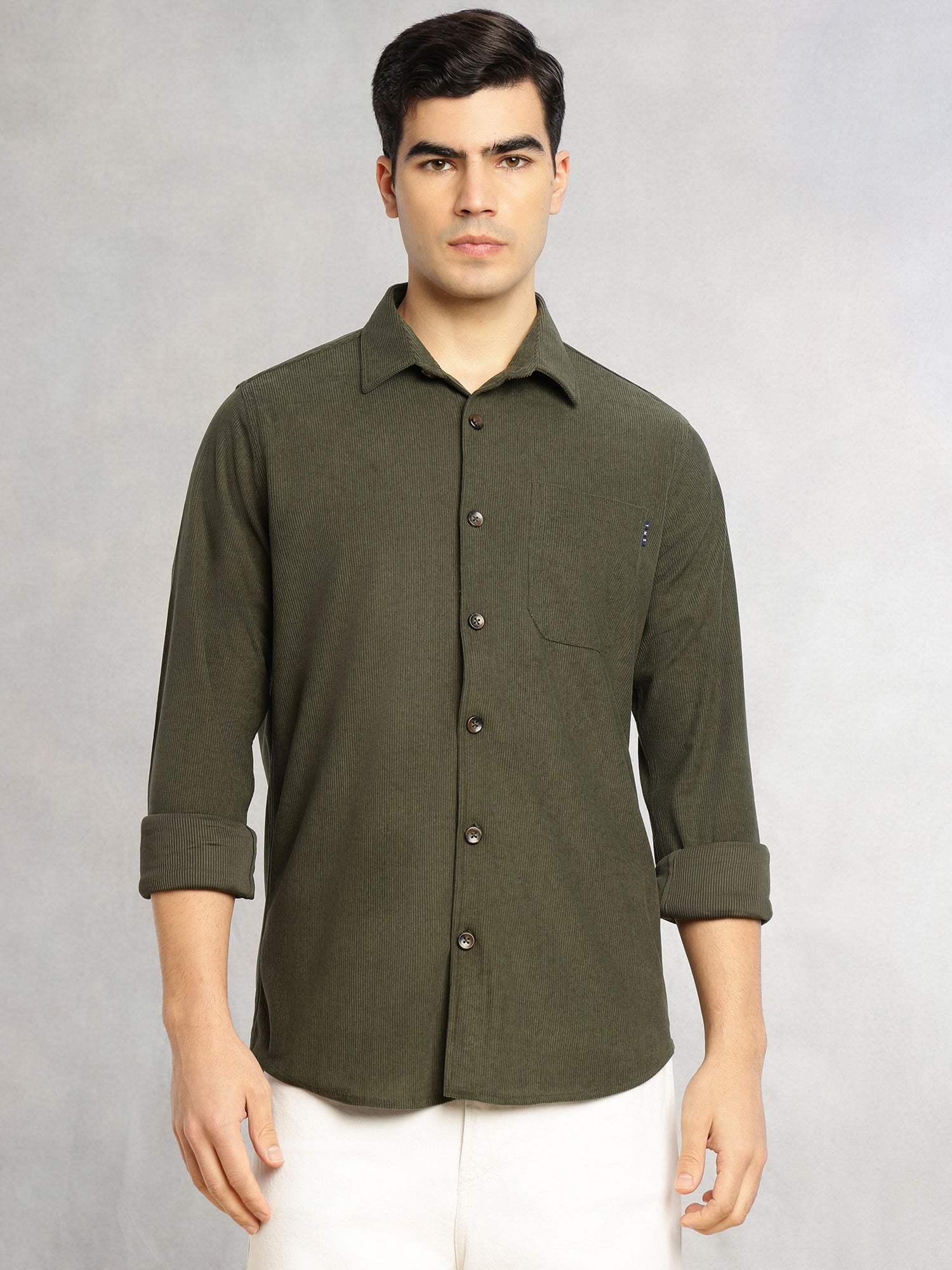 Thomas Scott Men Olive Relaxed Fit Long Sleeves Spread Collar Corduroy Casual Shirt