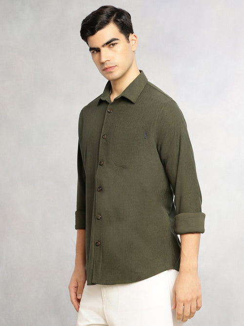 Thomas Scott Men Olive Relaxed Fit Long Sleeves Spread Collar Corduroy Casual Shirt