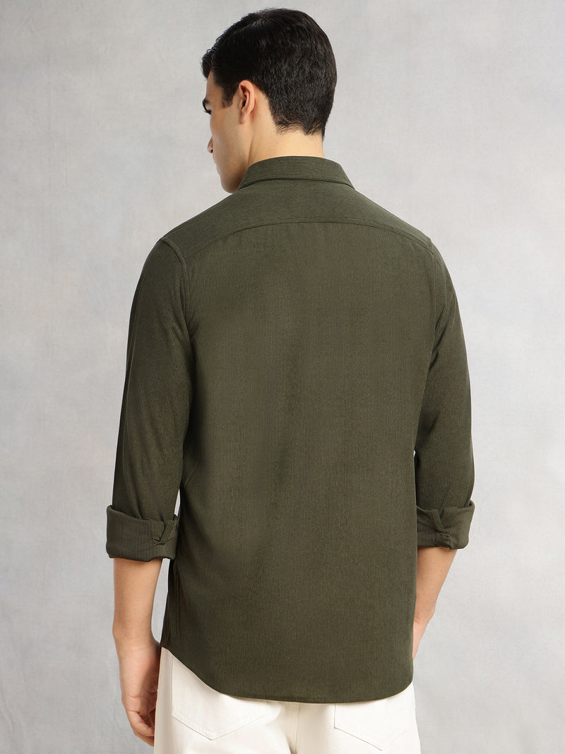 Thomas Scott Men Olive Relaxed Fit Long Sleeves Spread Collar Corduroy Casual Shirt