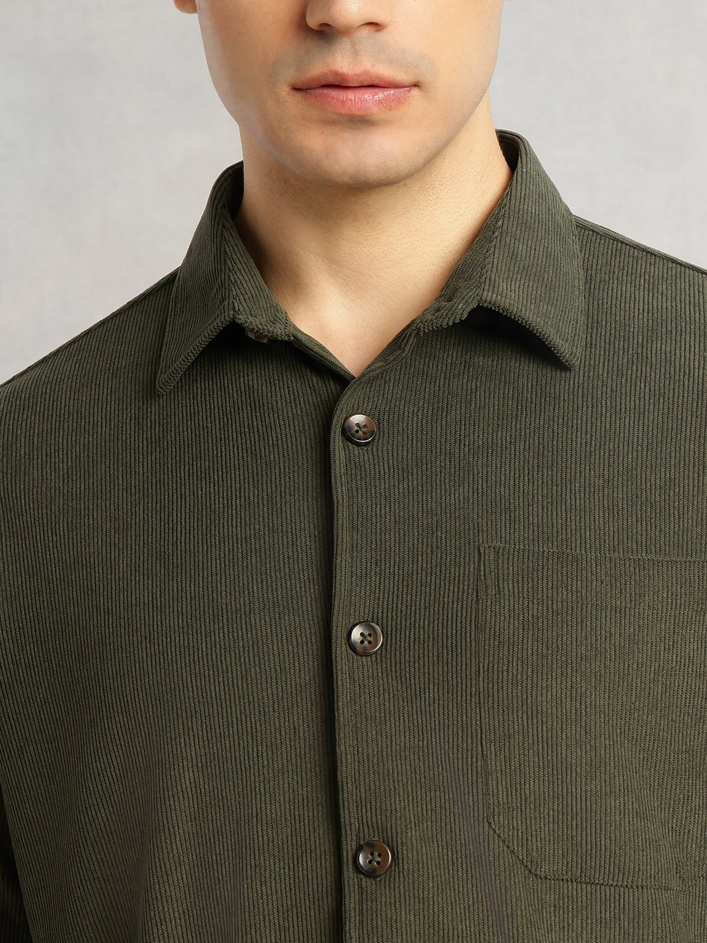 Thomas Scott Men Olive Relaxed Fit Long Sleeves Spread Collar Corduroy Casual Shirt