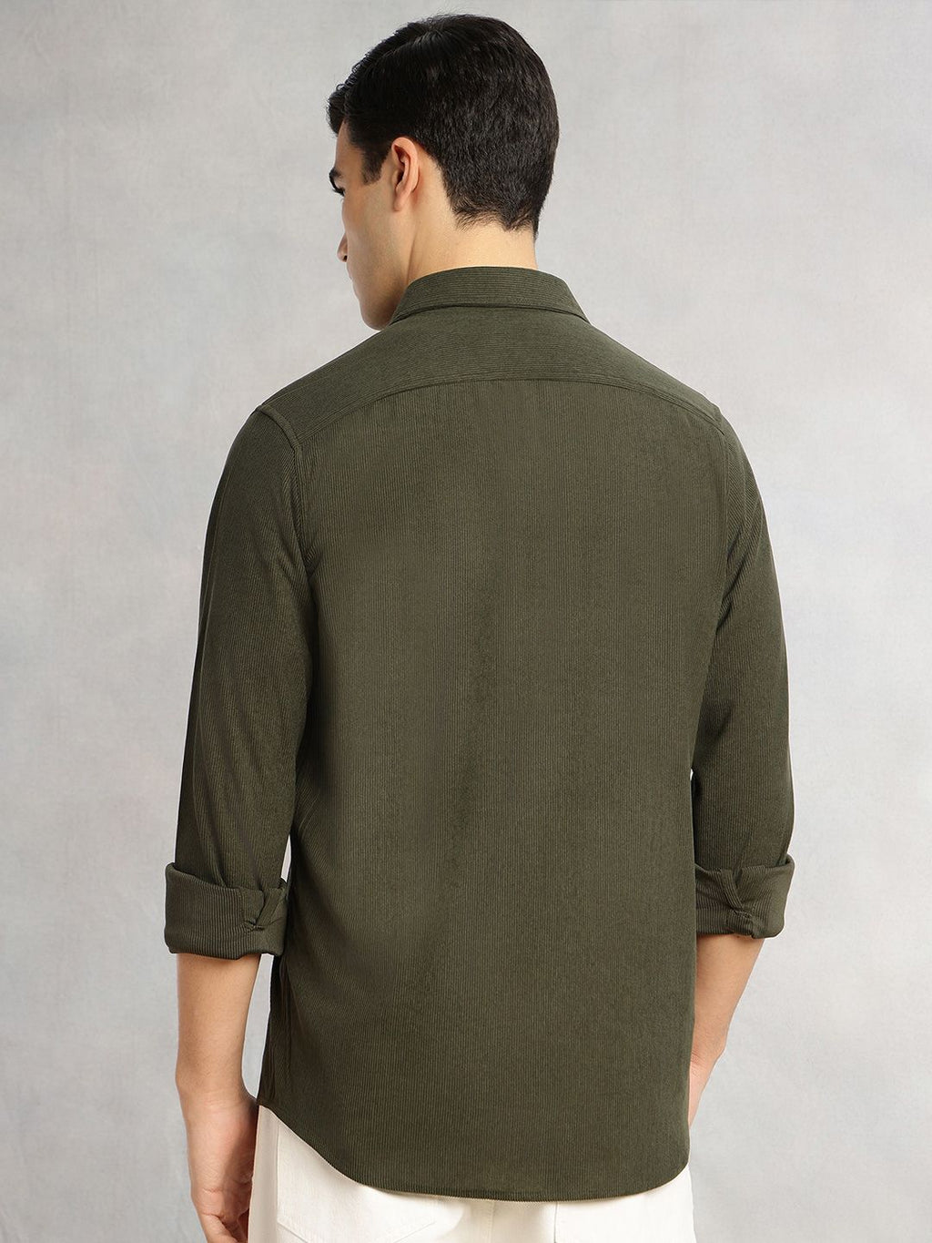 Olive Relaxed Fit Long Sleeves Spread Collar Corduroy Casual Shirt For Men