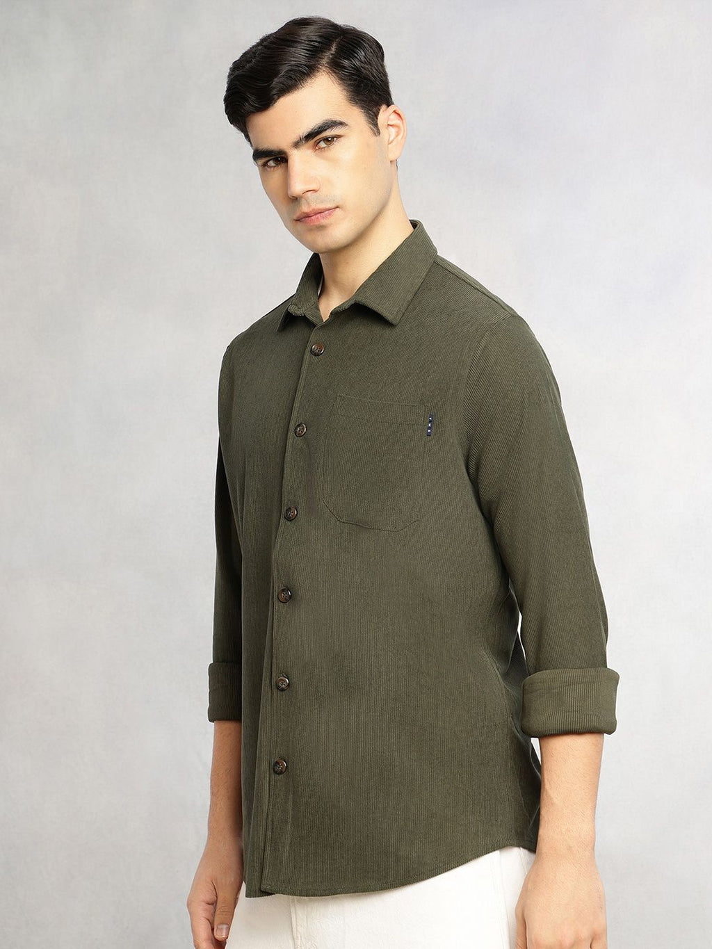Olive Relaxed Fit Long Sleeves Spread Collar Corduroy Casual Shirt For Men