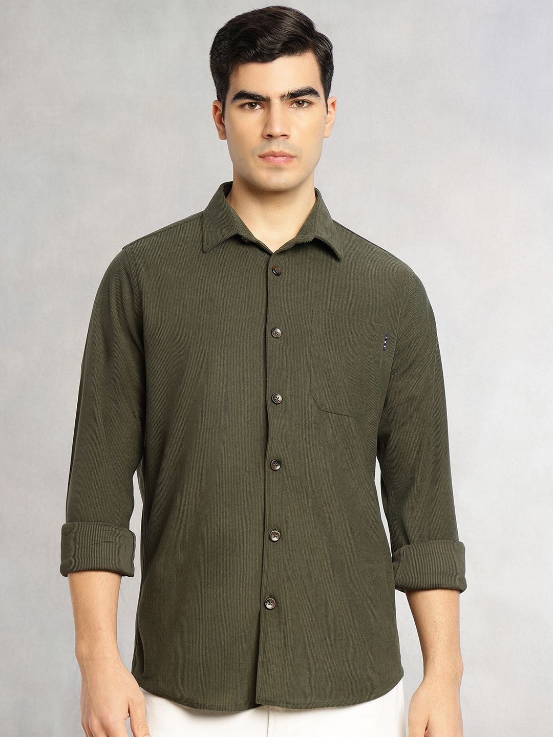 Olive Relaxed Fit Long Sleeves Spread Collar Corduroy Casual Shirt For Men