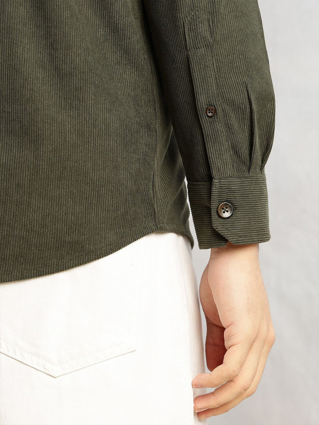Olive Relaxed Fit Long Sleeves Spread Collar Corduroy Casual Shirt For Men